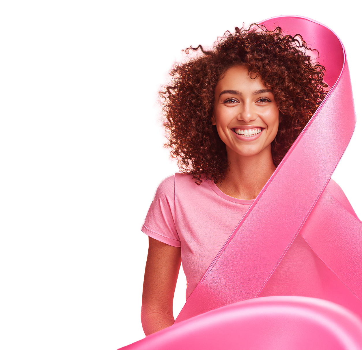 Mulher sorrindo ao lado do laço rosa da campanha